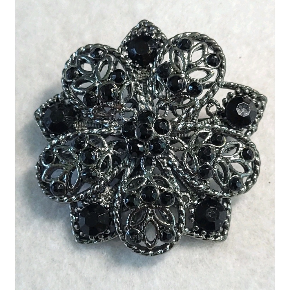 Vintage Black Rhinestone Silver Tone Filigree Floral Brooch Ornate Statement Pin